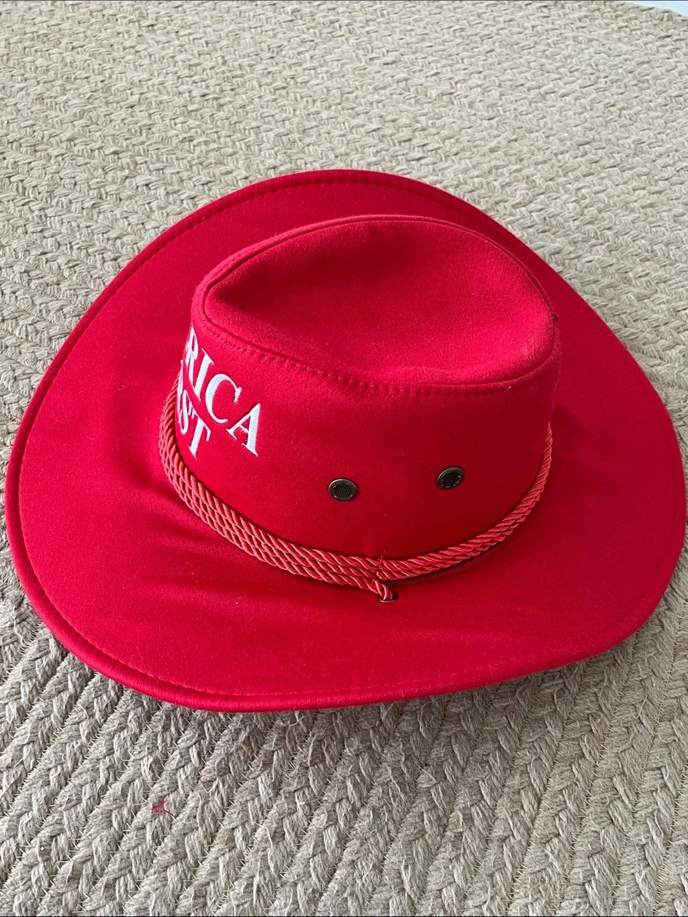 Red Cowboy Hat with Embroidered 'America First' Logo